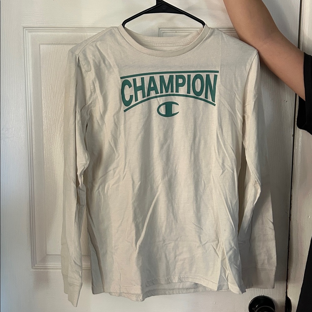 Boys Champion Off-White Long Sleeve with Green Logo